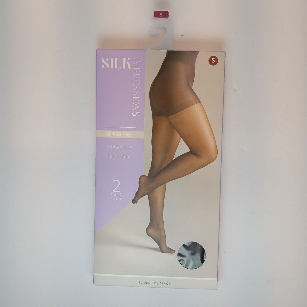 Silk Impressions Pantyhose 2pk Sm Black Shimmer Sheer High Waisted Silky Soft